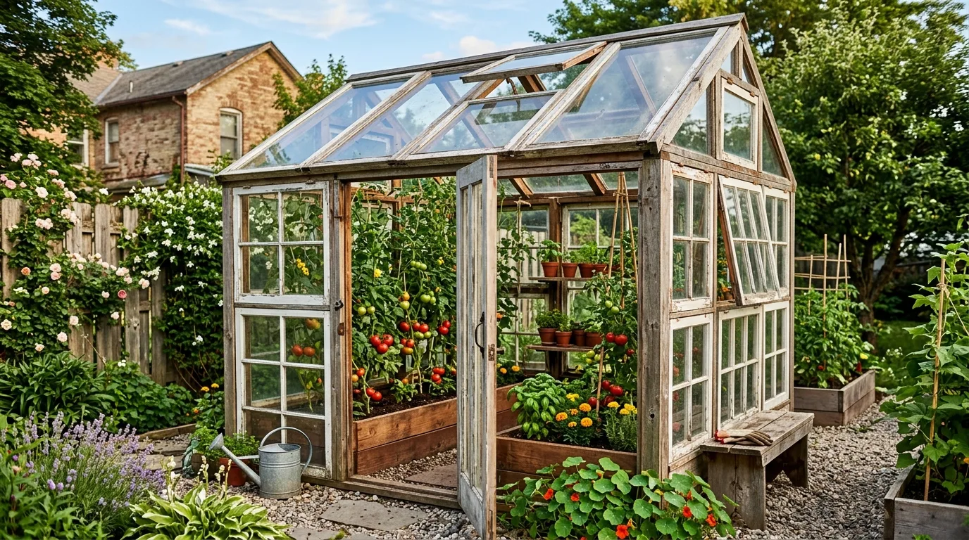Small Backyard Recycled Window Greenhouse